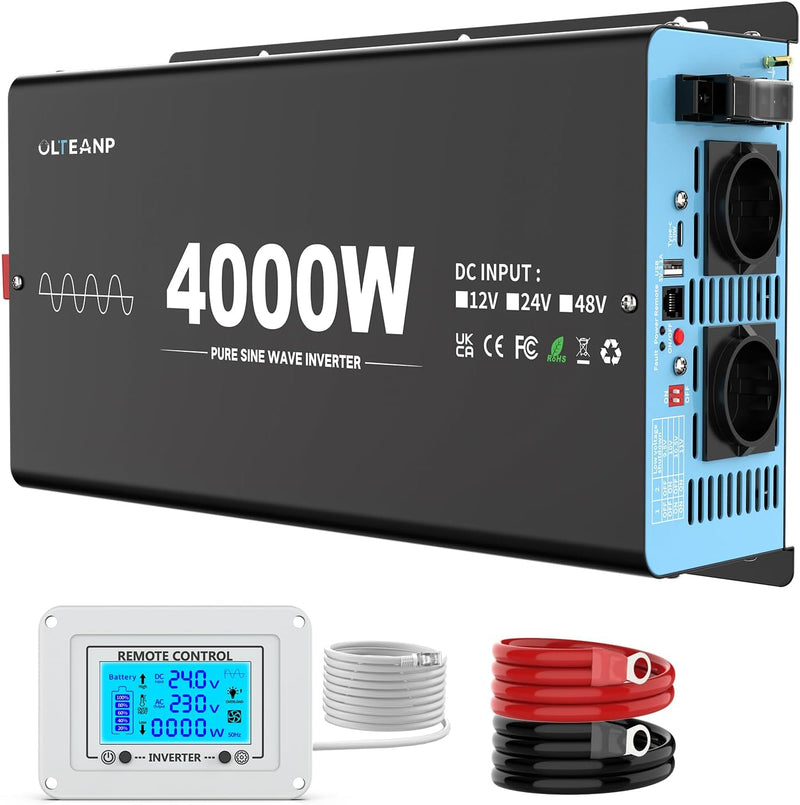 OLTEANP 4000W Wechselrichter Reiner Sinus 24V auf 230V KFZ Spannungswandler mit LCD-Bildschirm-Fernb