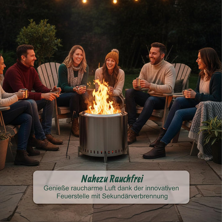 Relaxdays Feuerschale ohne Rauch, Edelstahl, HxD 45 x 49 cm, Standfuss &amp; Aschebehälter, rauchfreie F