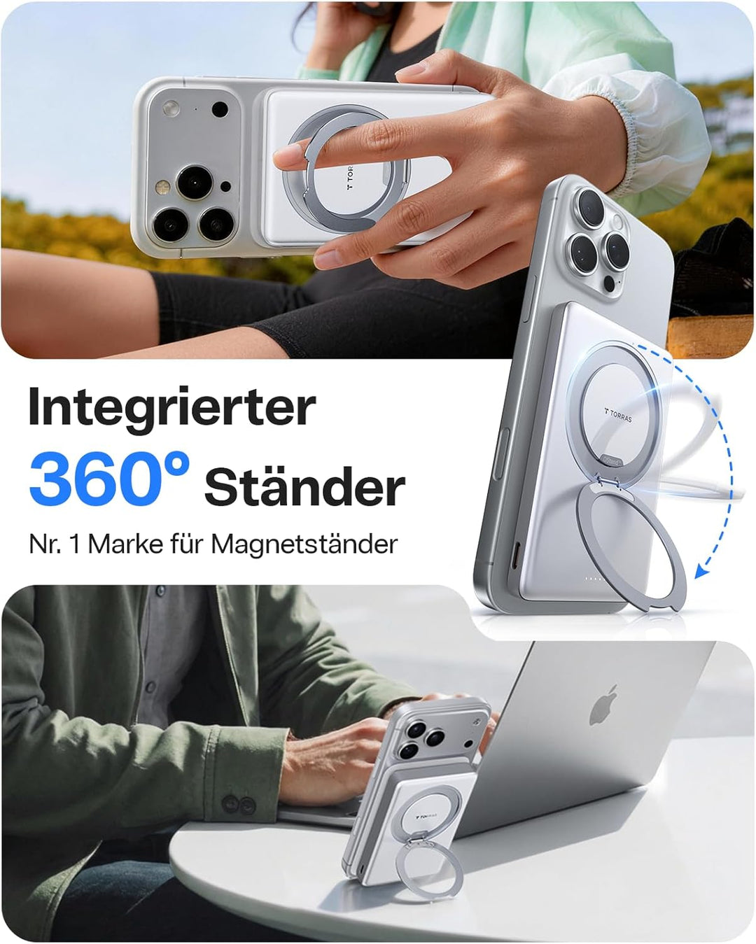 TORRAS Ostand MiniMag Ultra Slim Powerbank für Magsafe, Integrierter 360° Ständer 18W Schnellladen 1
