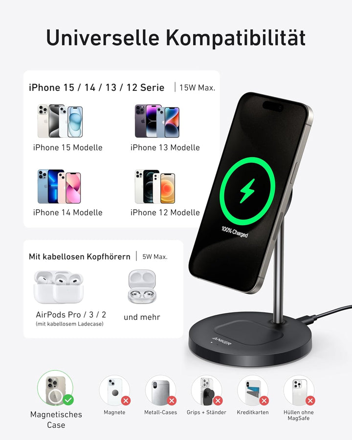 Anker MagGo 15W Magsafe Ladegerät kompatibel, 2-in-1 Induktive Ladestation, Qi2 Wireless Charger für