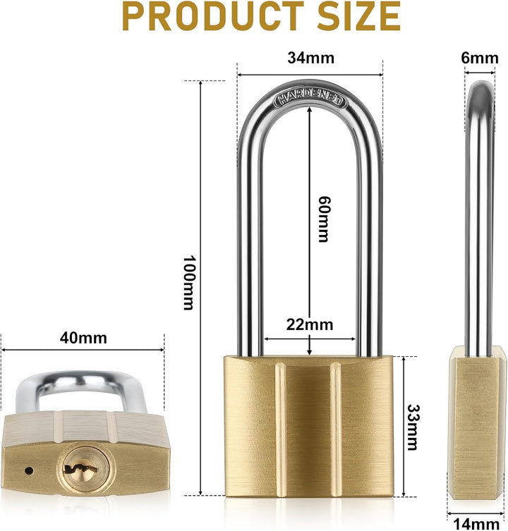 Diyife [2 Stück] Messing Vorhängeschloss mit 6 Schlüssel, 6mm Bügelstärke, Massiver Messing-Schloss,