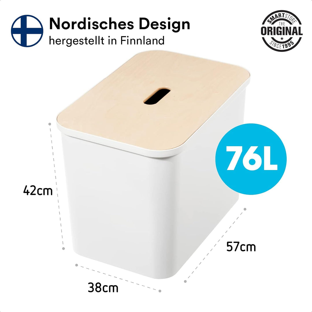 SmartStore Recycling-Mülleimer – 76 l grosser Küchenabfalleimer mit Holzdeckel, 3 x 13 l Eimereinsät