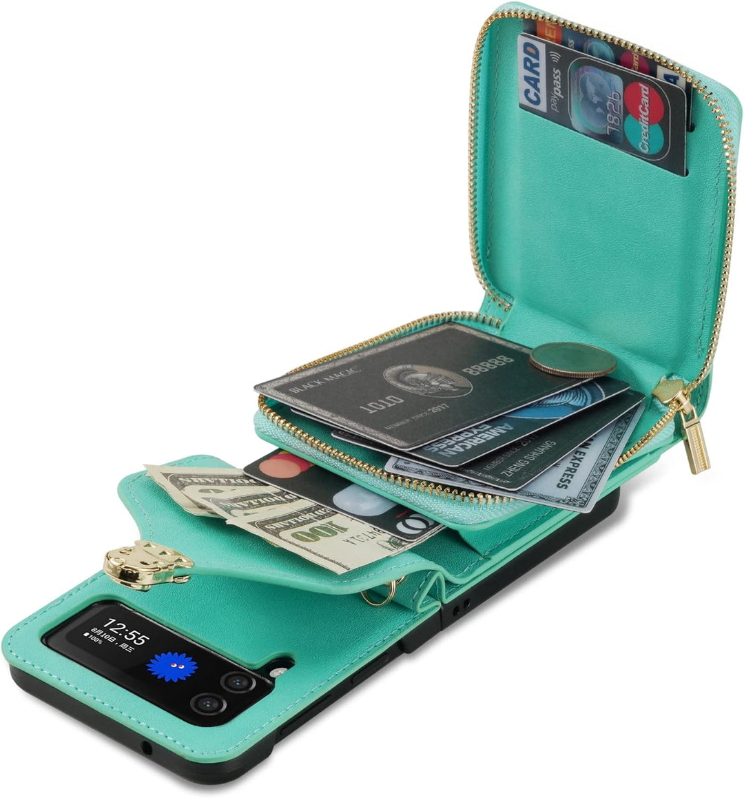UDBKKDX Brieftasche Handyhülle für Samsung Galaxy Z Flip 3, Schnalle Frauen Mattes Leder hülle mit B