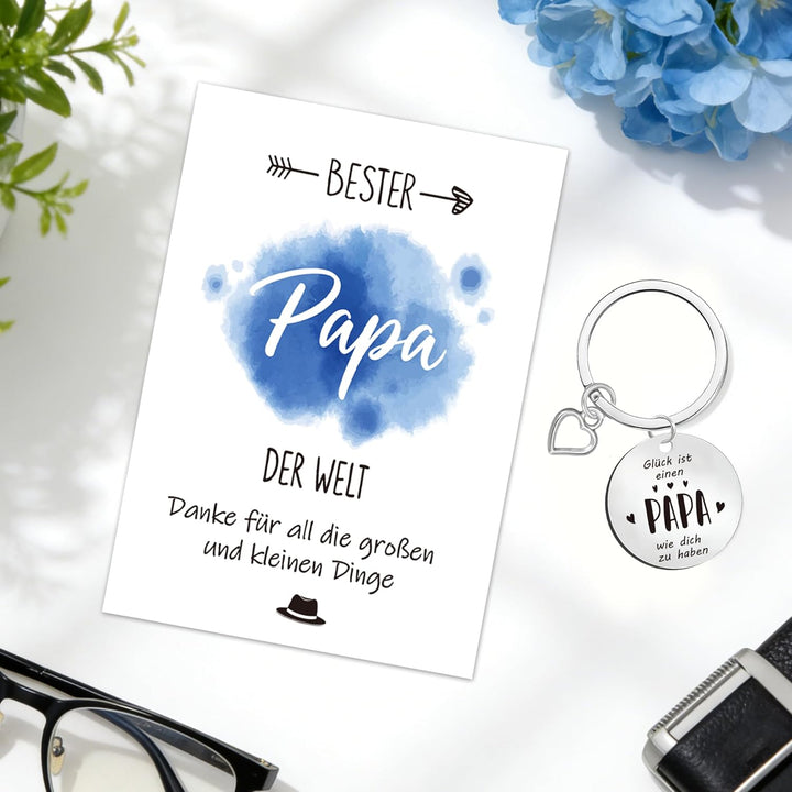 PAPA Geschenk – Holz-Servierbrett, Untersetzer, Edelstahl-Löffel, Schlüsselanhänger & Grusskarte | L