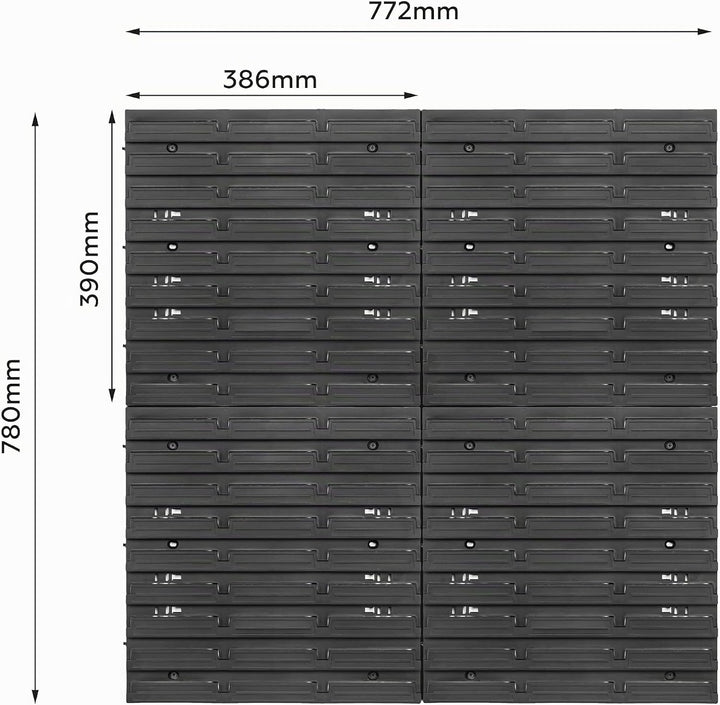 Lagersystem Werkstattregal | 78 x 78 cm | 36 stck. Box | Wandregal mit Stapelboxen - Wandplatten Ext