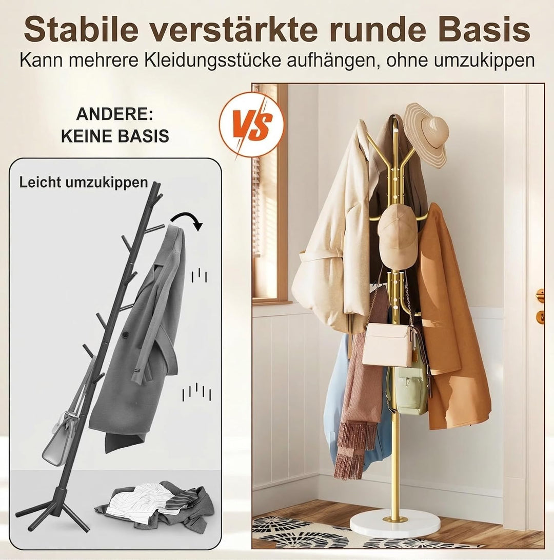 MISSLO Stabil Garderobenständer Metall mit Stabilem Holzsockel, Stehende Jackenständer mit 12 Haken,