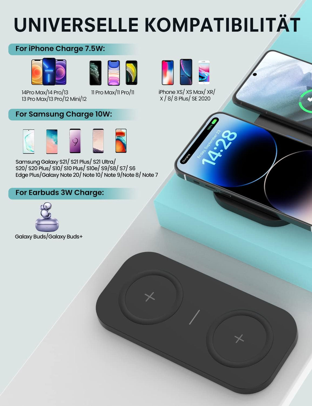 JoyGeek 2 IN 1 Wireless Charger, 15W Max Induktive Ladestation, für iPhone 14/13/12/11/Pro/ProMax/XR