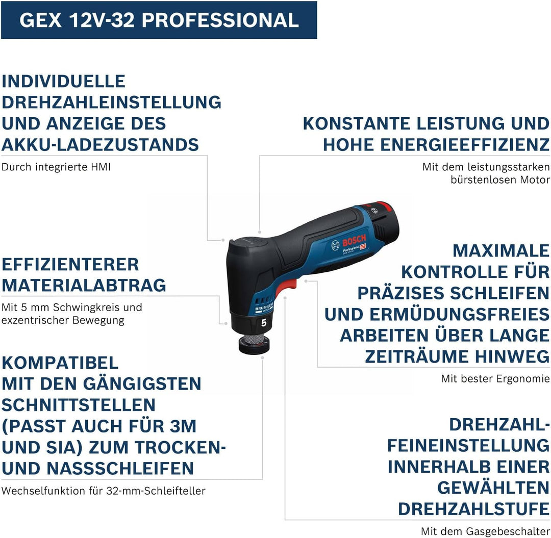Bosch Professional 12V System Akku-Exzenterschleifer GEX 12V-32 (inkl. montiertem 32 mm Klett-Schlei