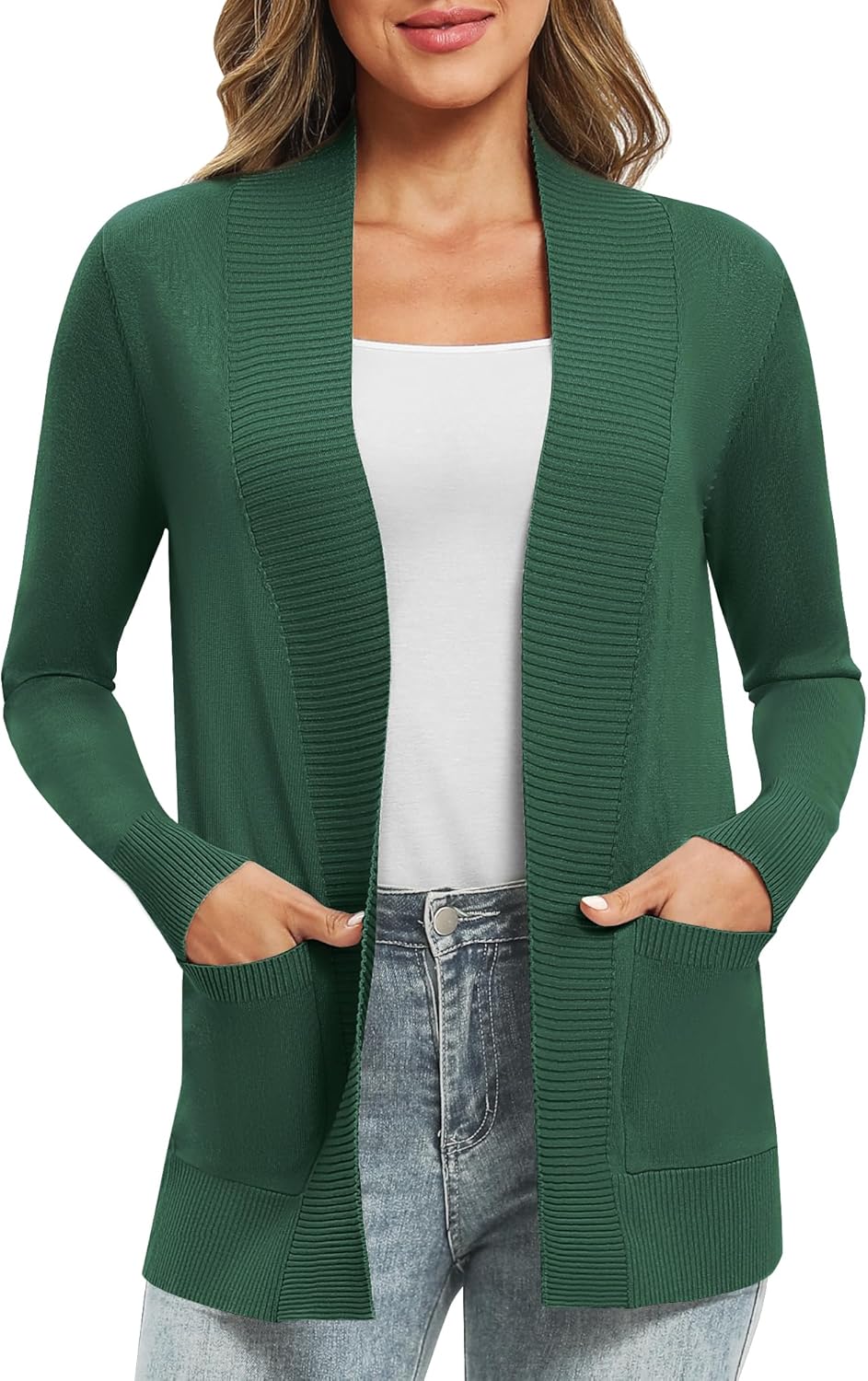 EXCHIC Damen Lange Ärmel Gestrickt Strickjacke Leicht Gemütlich Offene Vorderseite Lange Freizeitjac
