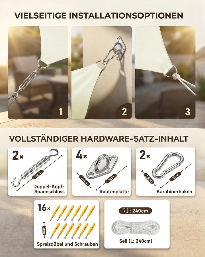 Sonnensegel Wasserdicht 3x4m Rechteckig, Premium HDPE 98% UV Atmungsaktiv, Mit Befestigung Set Und R