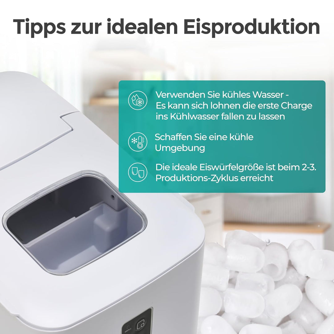 KLAMER Eiswürfelmaschine klein (2025), 8 Eiswürfel in 8 Minuten, 11 kg Eiswürfel pro Tag, 2 Eiswürfe