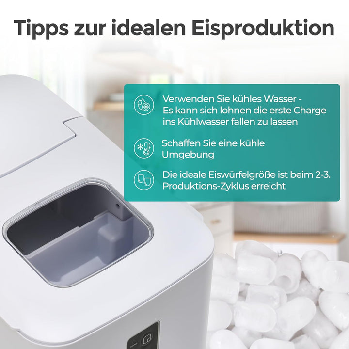 KLAMER Eiswürfelmaschine klein (2025), 8 Eiswürfel in 8 Minuten, 11 kg Eiswürfel pro Tag, 2 Eiswürfe