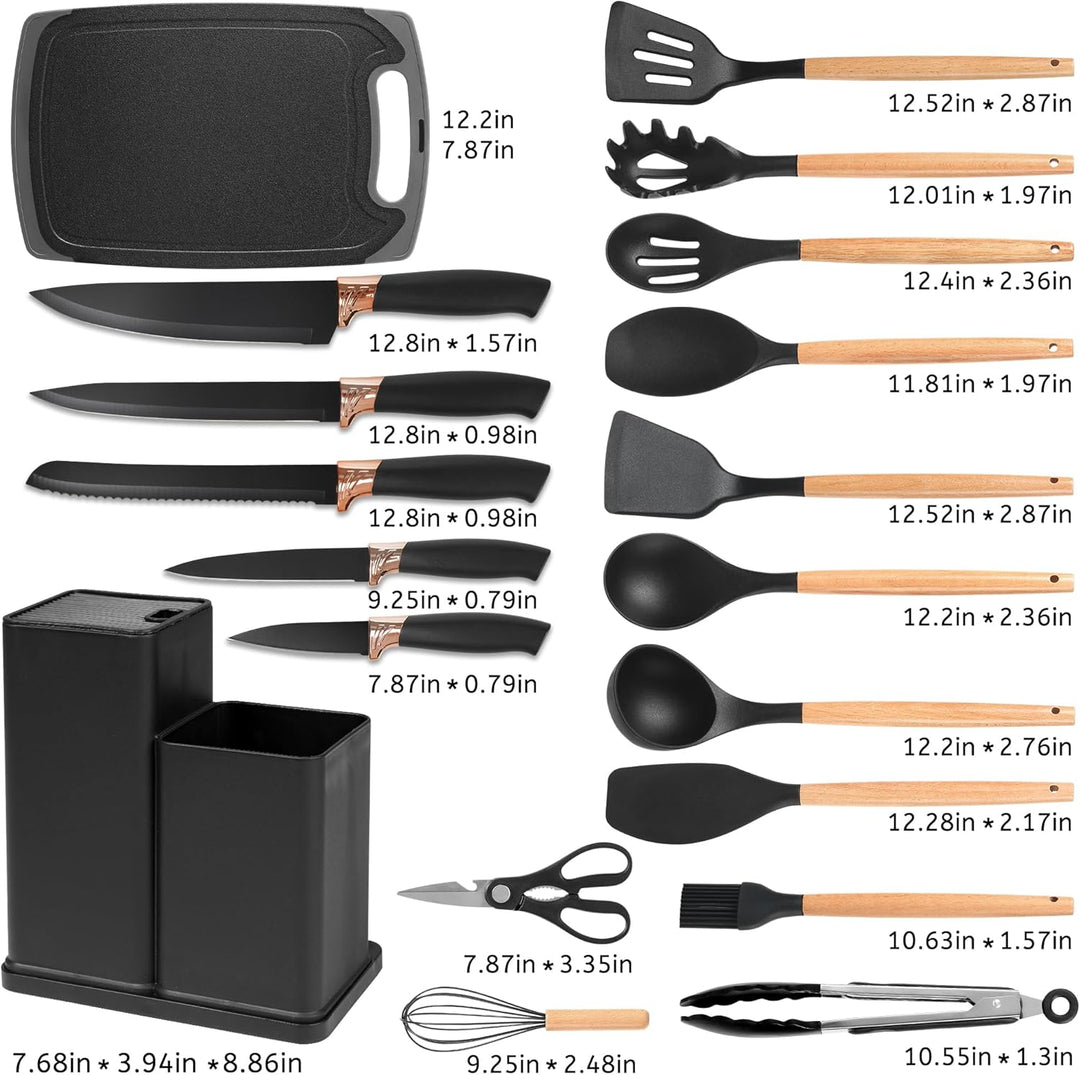 Vortix Küchenhelfer Set, 19 Teiligs Küchenutensilien Mit 5 Teiligs küchenmesser set mit block und Pf