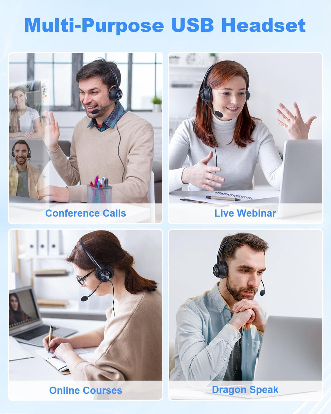New Bee USB Headset mit Mikrofon, PC Headset mit USB-A & USB-C, Verstellbares Mikrofon für Call Cent