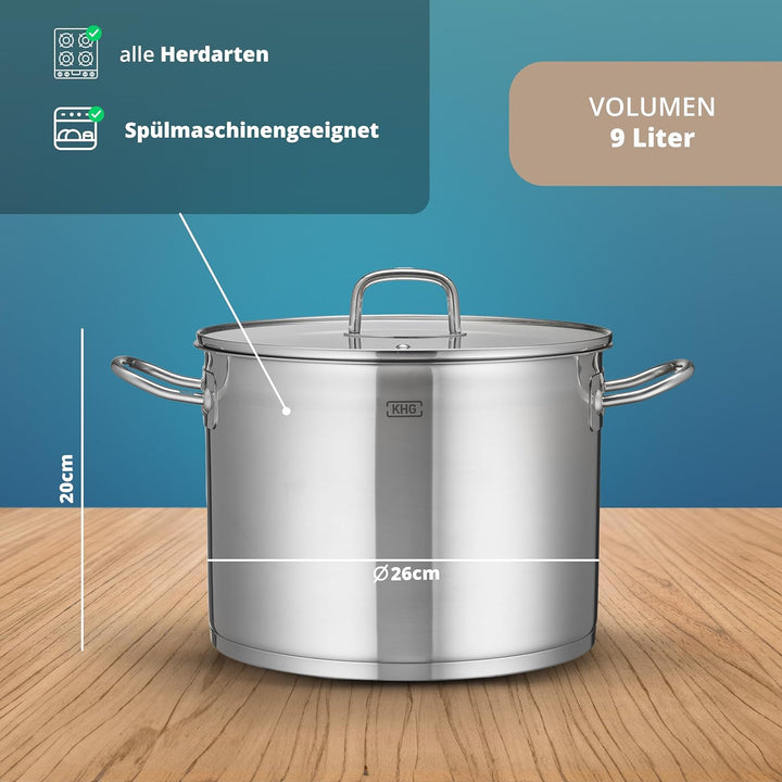 KHG Topf Kochtopf 26 cm, 9 Liter Induktion, Edelstahl unbeschichtet inkl. Glasdeckel - XXL Suppentop