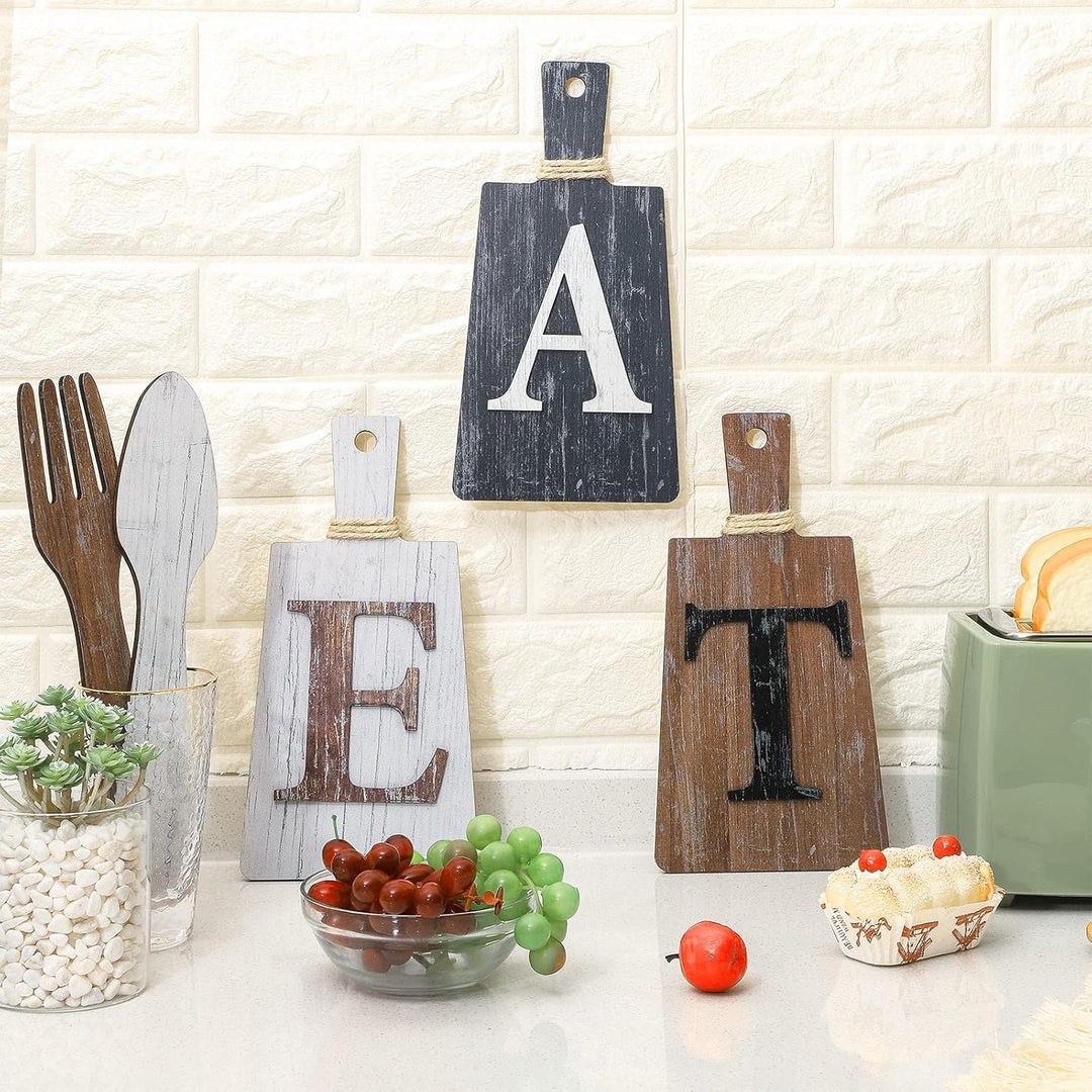 Schneidebrett Eat Schild Set Hängende Kunst Küche Eat Schild Gabel und Löffel Wand Dekoration Rustik