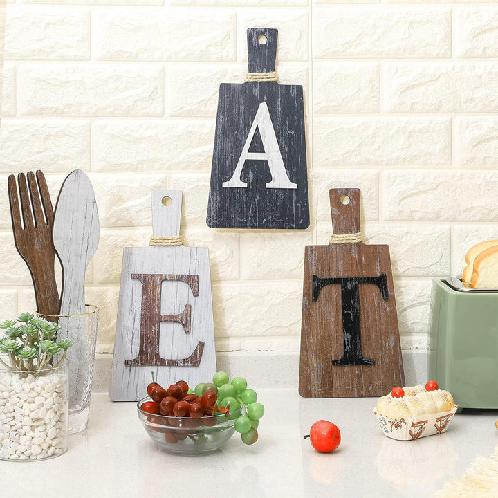 Schneidebrett Eat Schild Set Hängende Kunst Küche Eat Schild Gabel und Löffel Wand Dekoration Rustik