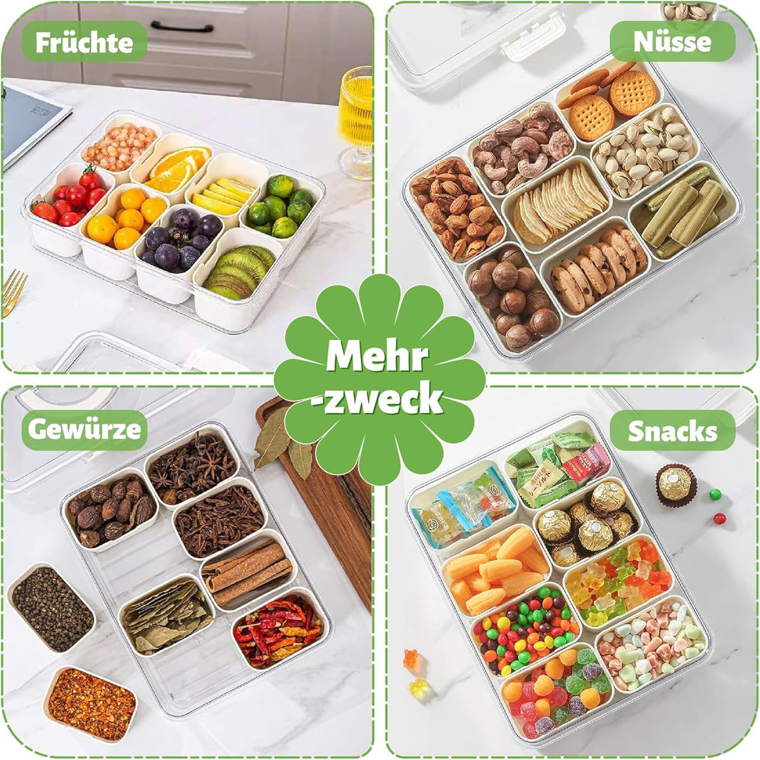 Snackbox mit 8 Fächern & Deckel - Tragbare Snackschale mit Griff, Luftdicht & Spülmaschinenfest, Sna