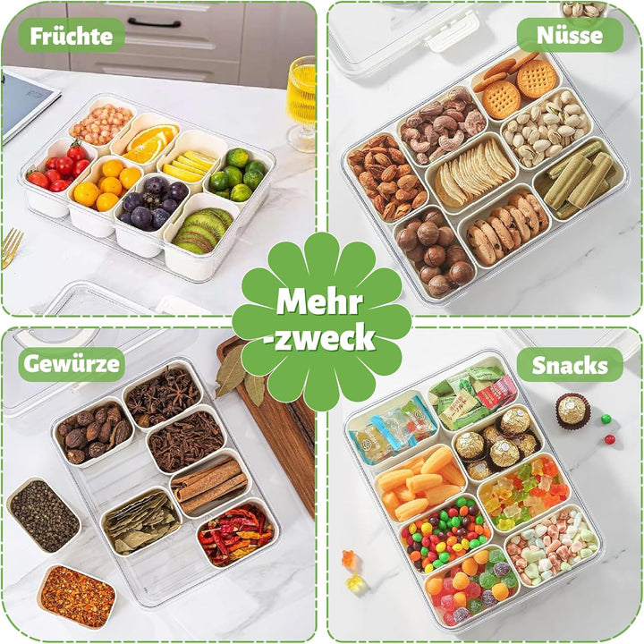 Snackbox mit 8 Fächern & Deckel - Tragbare Snackschale mit Griff, Luftdicht & Spülmaschinenfest, Sna