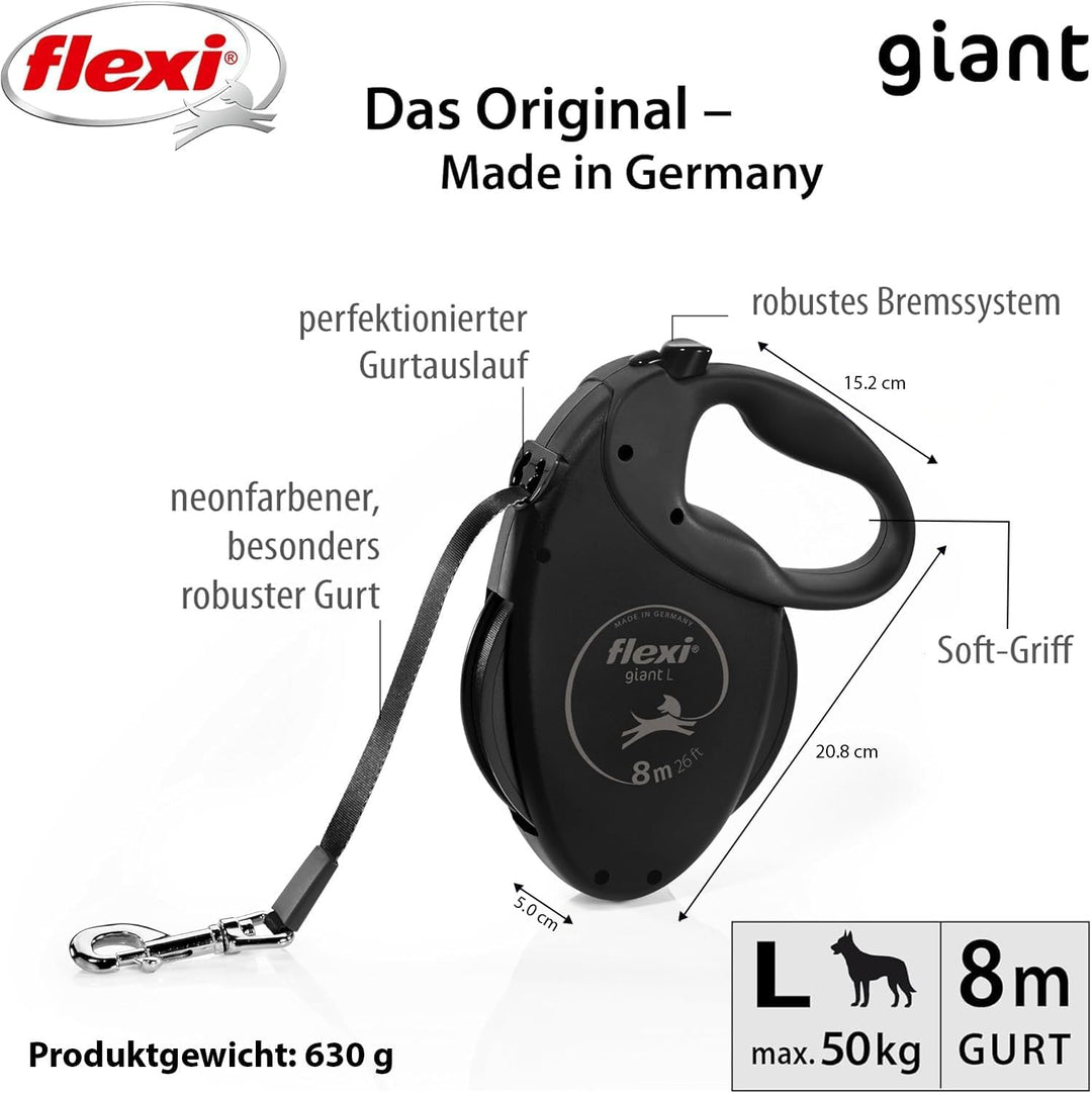 flexi® Giant Black Edition Gurt 8 m schwarz, Roll-Leine für Hunde bis 50 kg