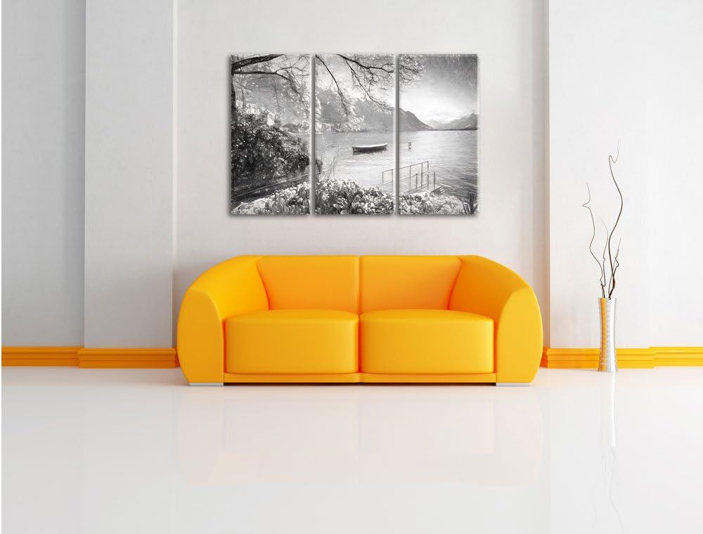 Pixxprint Genfer See im Sonnenschein Kunst / 3-Teilig/Gesamtmass 120cm Leinwandbild bespannt auf Hol