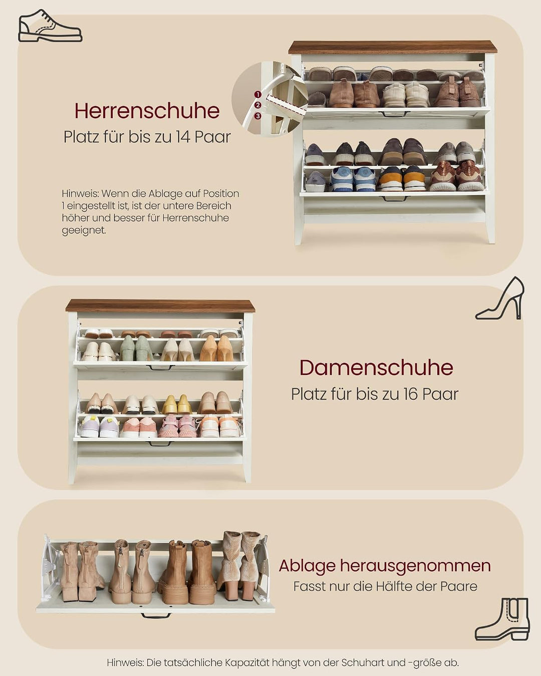VASAGLE Schuhschrank, 2 Klappen, für 12-16 Paar Schuhe