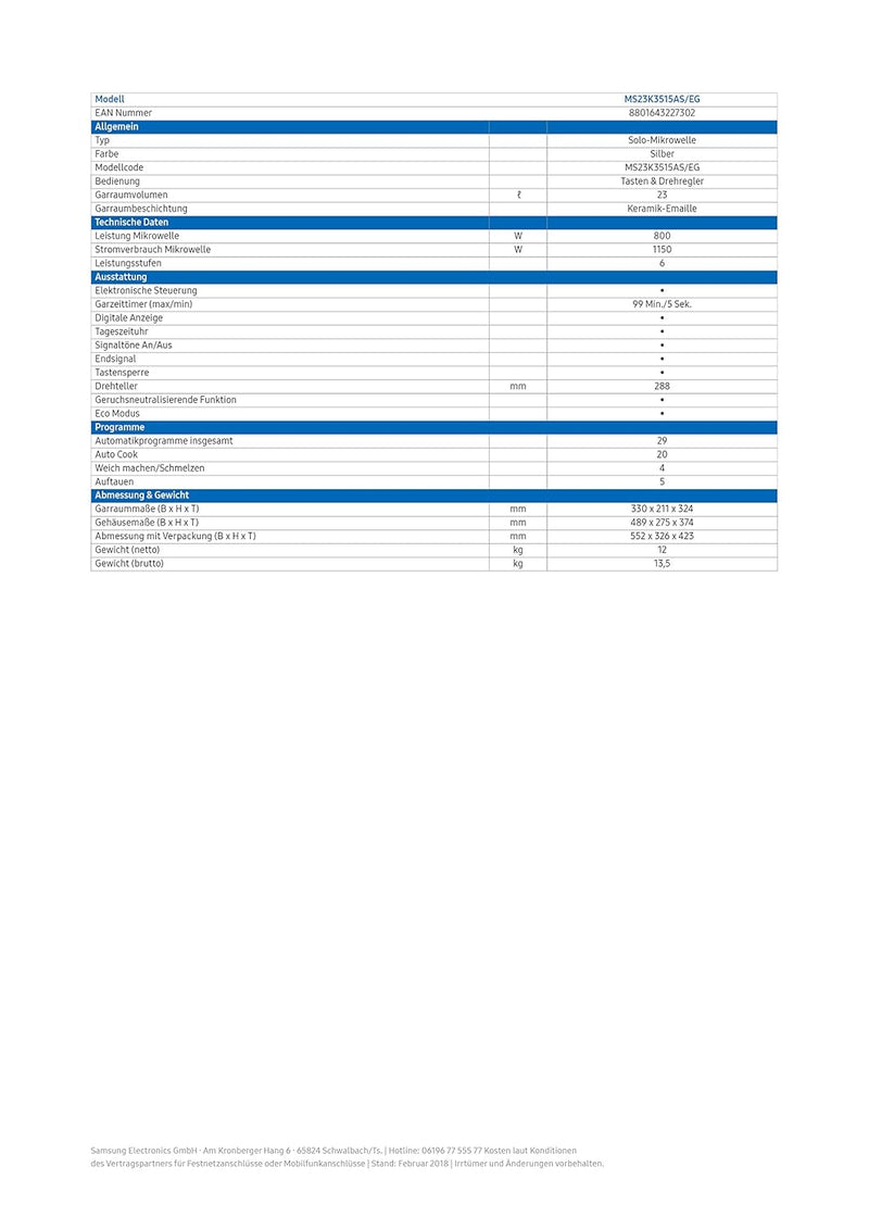 Samsung MS23K3515AS/EG Mikrowelle / 800 W / 23 L Garraum / 48,9 cm Breite / Kratzfester Keramik-Emai