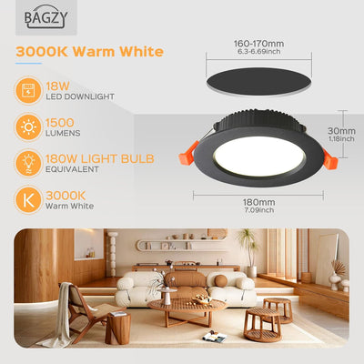 BAGZY Einbaustrahler Schwarz LED Spots ultra flach 18W 230V IP44, 1500 Lumen 4er Set Warmweiss 3000K