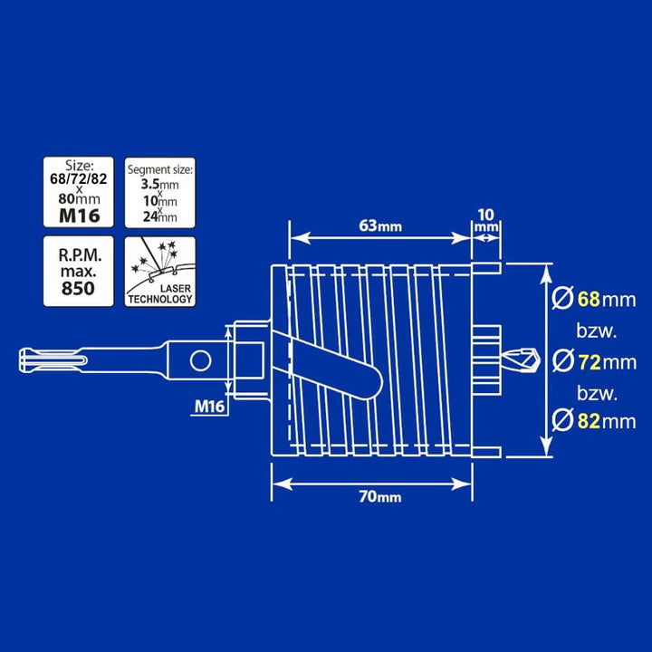 S&R Diamantbohrkrone - SET 82mm, Dosensenker, Kernbohrkrone, Segmenthöhe 10mm, mit Zentrierbohrer 8x