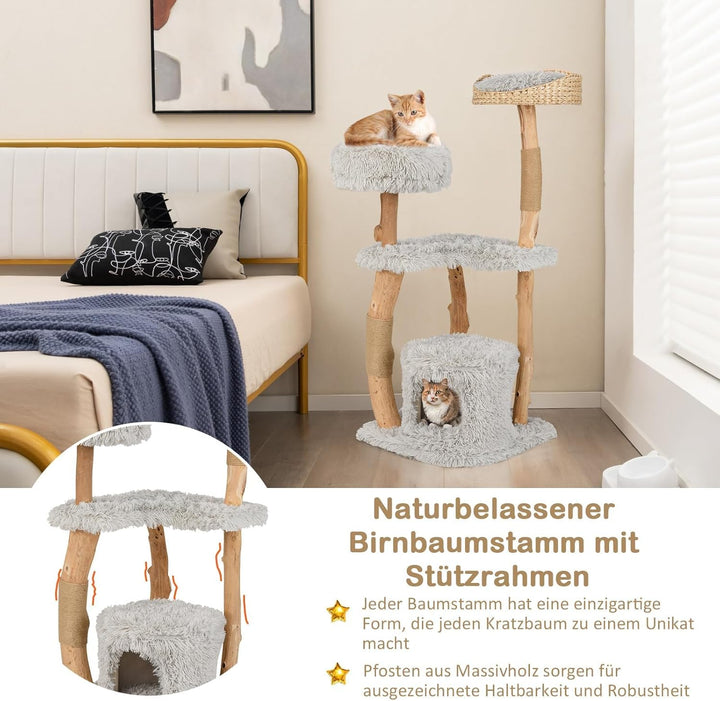 FANTASK Katzenmöbel Massivholz mit Katzenhöhle & Plüschsitzfläche & Sitzplattform, 124cm Kletterbaum