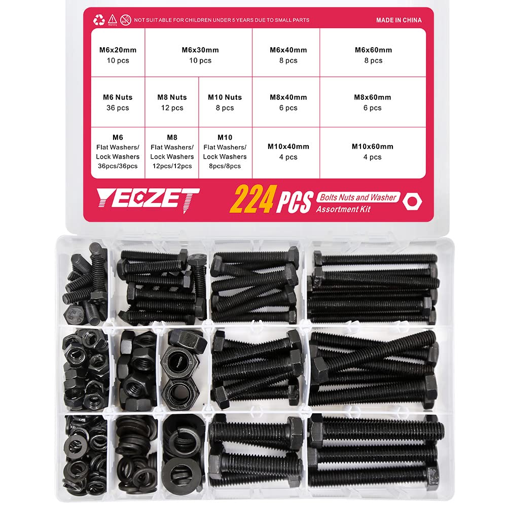 YEEZET 224 Pcs M6 M8 M10 Schrauben Sechskantschrauben Unterlegscheiben Federringe und Muttern Sortim