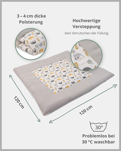 ULLENBOOM ® Baby Krabbeldecke 120x120 cm gepolstert - Grau-Faultiere (Made in EU) - Krabbeldecke für