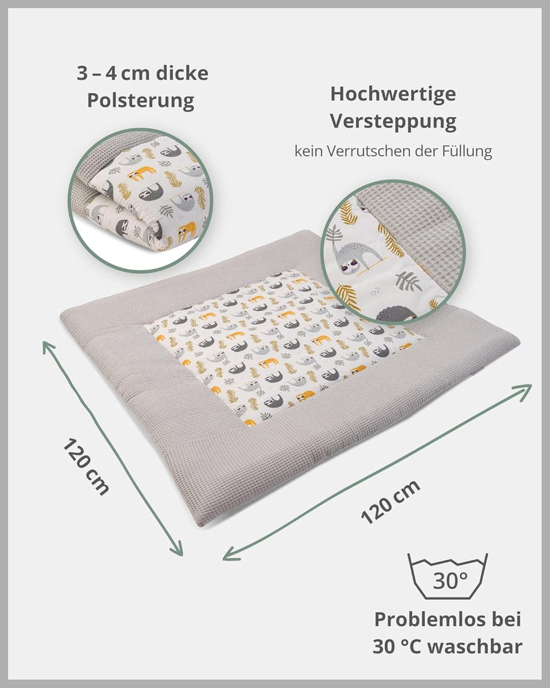 ULLENBOOM ® Baby Krabbeldecke 120x120 cm gepolstert - Grau-Faultiere (Made in EU) - Krabbeldecke für