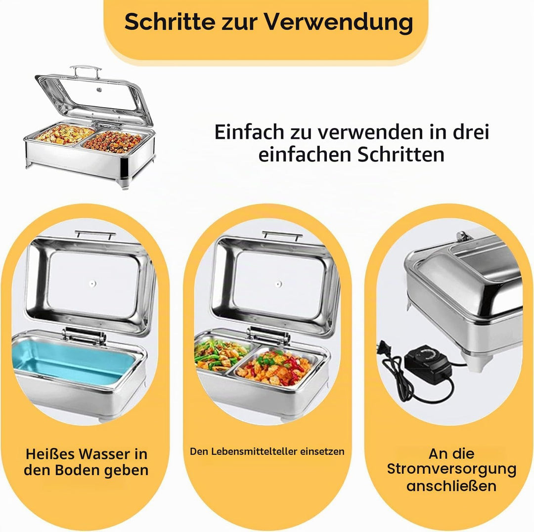 Chafing Dish Elektrisch, 9L Edelstahl Speisewärmer Buffetwärmer mit Sichtbarem Glasdeckel, Einstellb