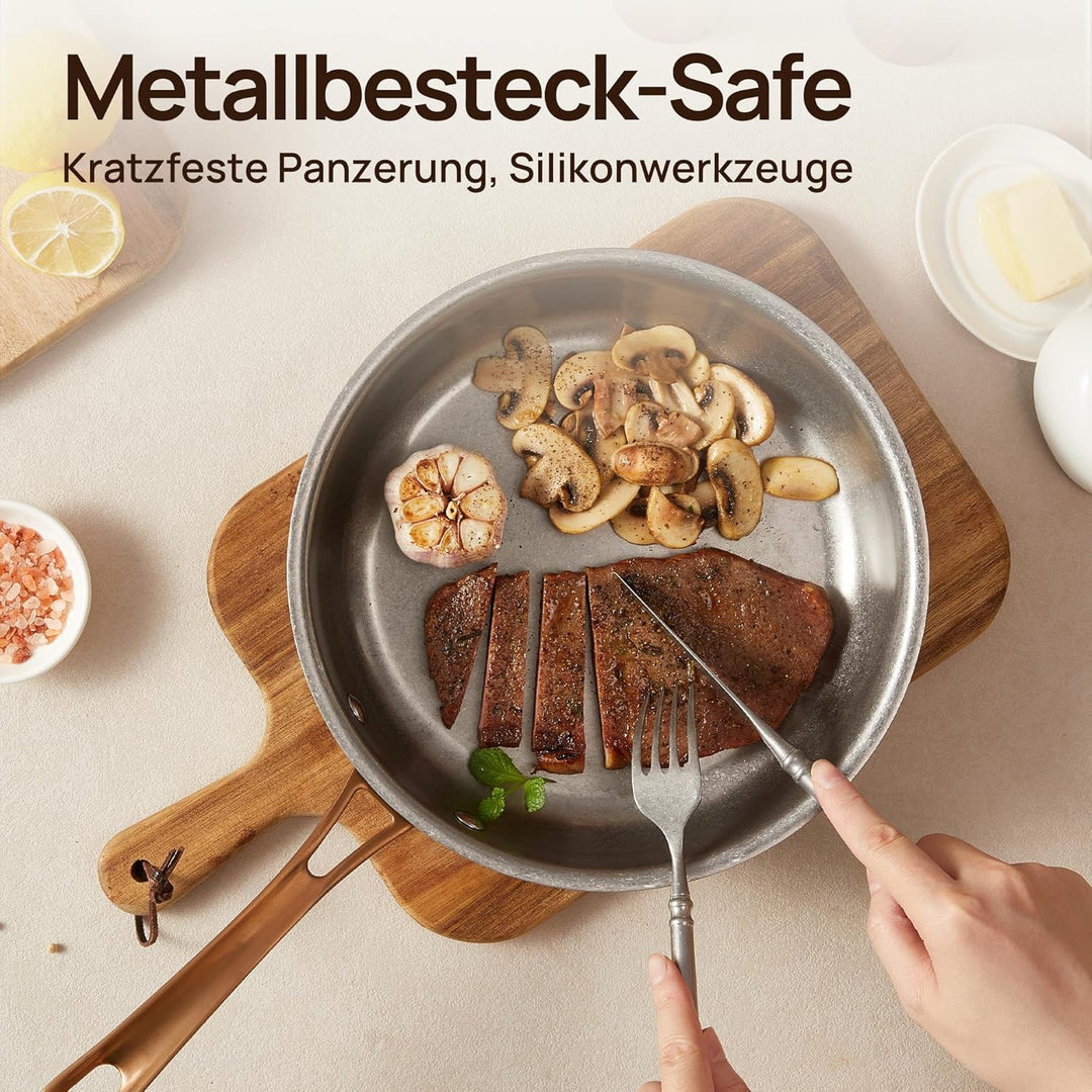 KOKHUB 28cm Edelstahl-Bratpfanne mit Deckel, Unbeschichtete Tri-Ply Induktionspfanne, Ofenfeste Stee