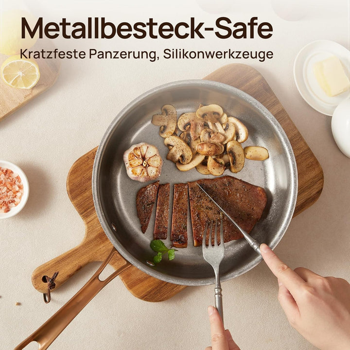 KOKHUB 28cm Edelstahl-Bratpfanne mit Deckel, Unbeschichtete Tri-Ply Induktionspfanne, Ofenfeste Stee