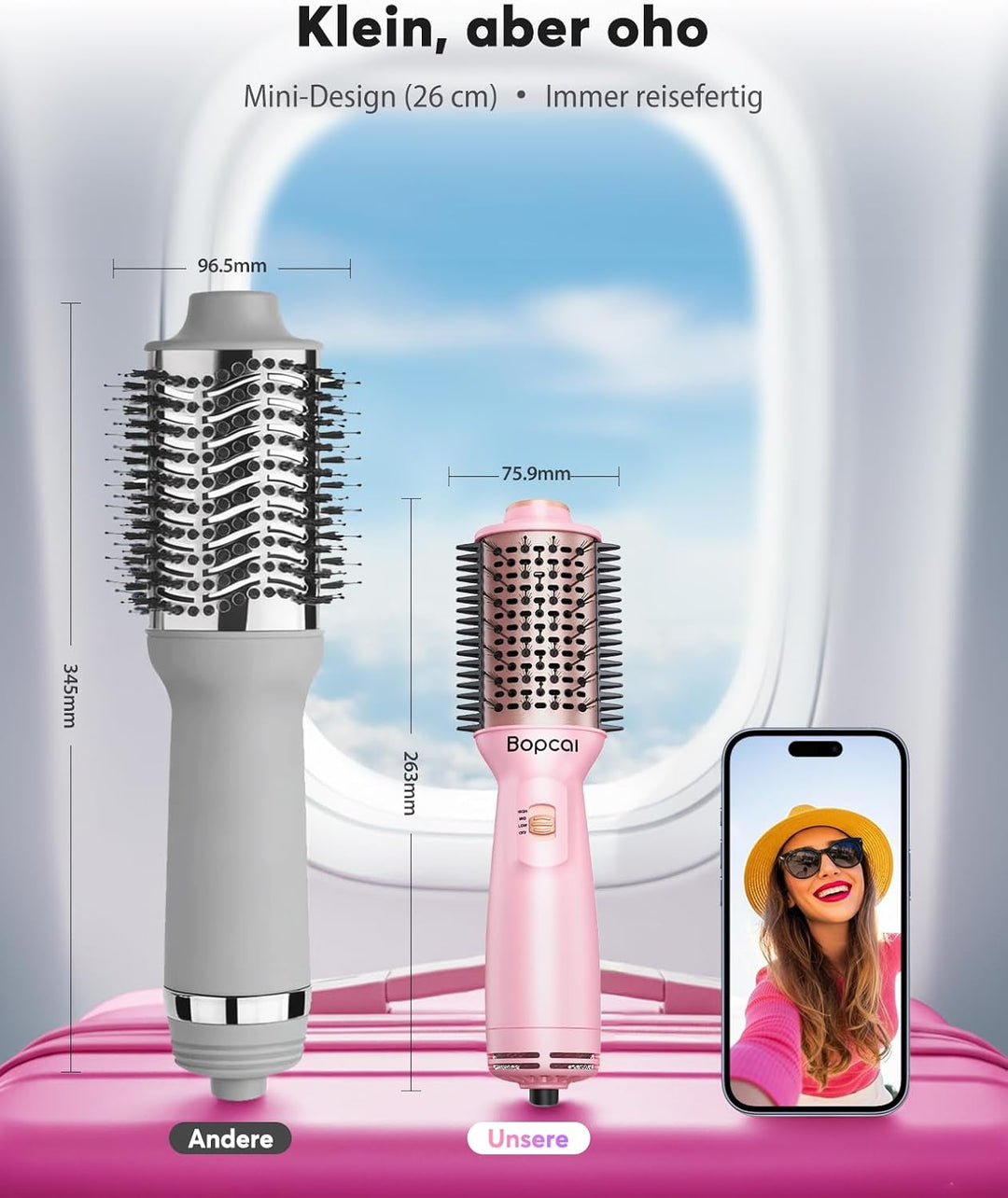 Bopcal Mini Warmluftbürste 4-in-1 Ionen Föhnbürste Heissluftbürste für Volumen &amp; Glatte Haare, Anti-