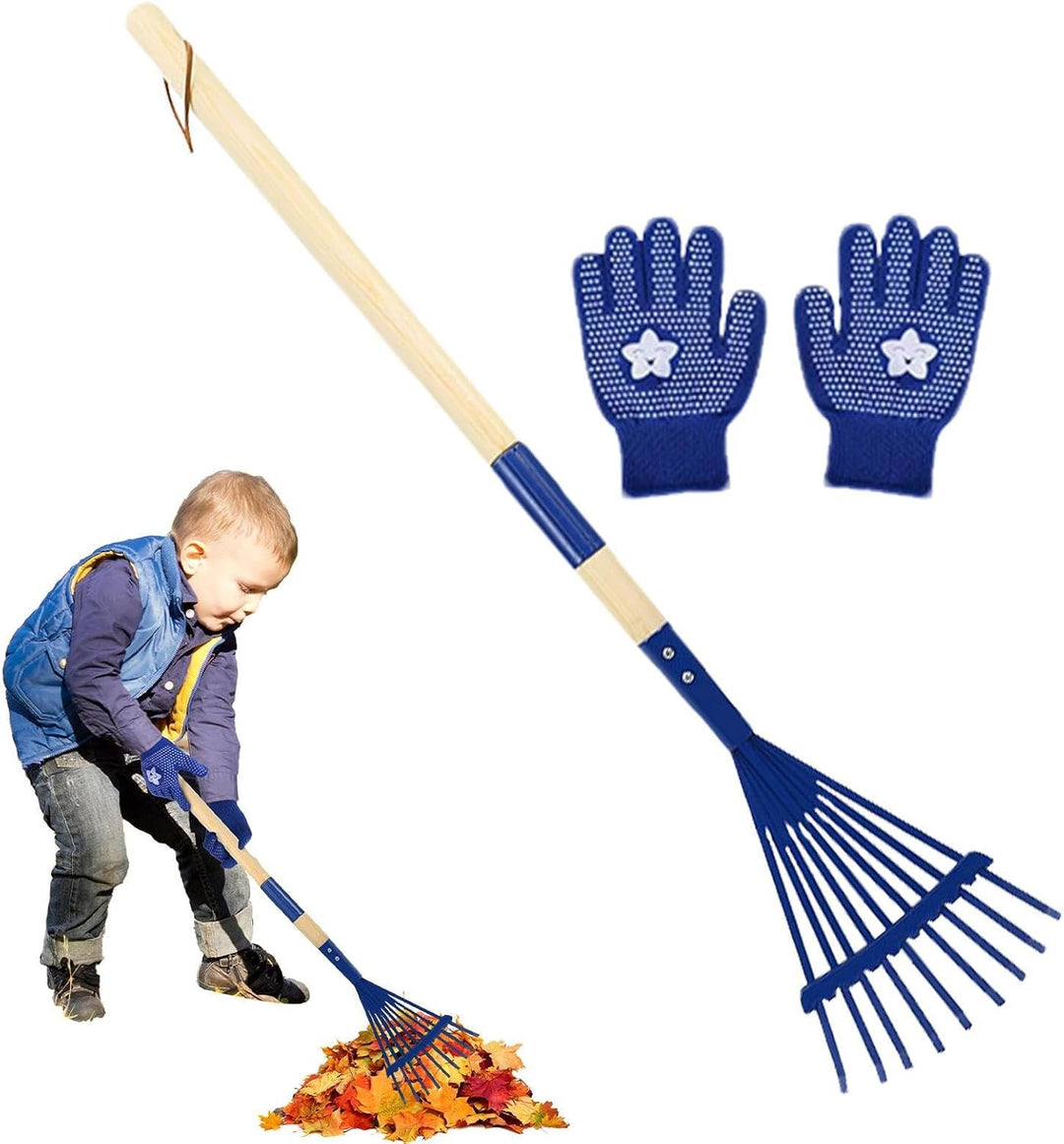 Kinder-Laubrechen 27 cm Abnehmbarer Holzstiel mit Handschuhen | Laubrechen für Gartenarbeit Camping