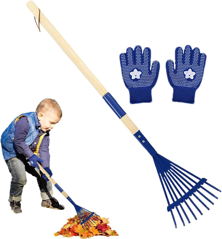 Kinder-Laubrechen 27 cm Abnehmbarer Holzstiel mit Handschuhen | Laubrechen für Gartenarbeit Camping