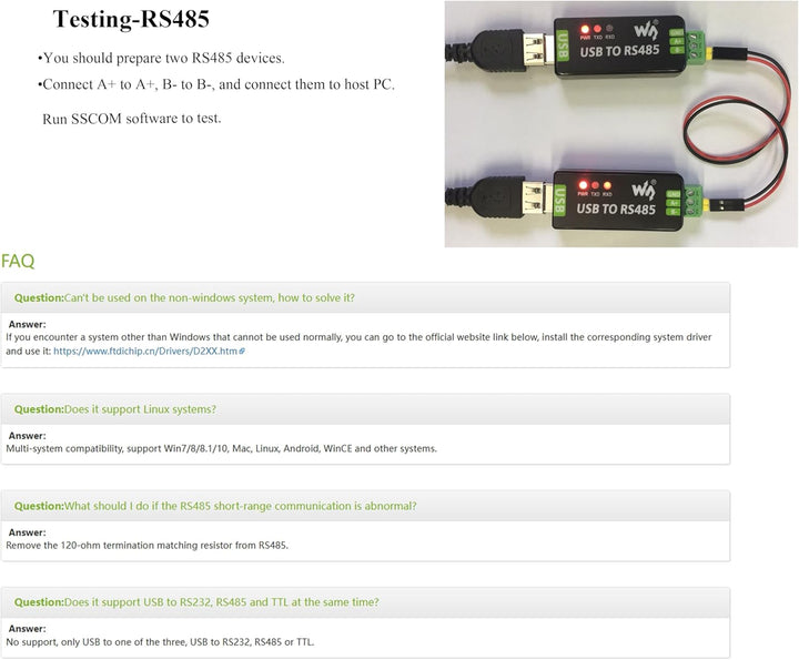 Industrial USB to RS485 Bidirectional Converter with Original FT232RNL and SP485EEN Chip, Supports L