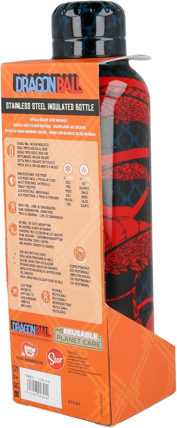 Stor THERMOSFLASCHE AUS Edelstahl 515 ML | Dragon Ball Bottiglia, Stainless Steel, Schwarz, Mediano