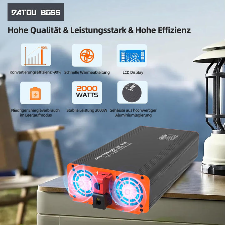 DATOUBOSS 2000W Reiner Sinus Wechselrichter 12V auf 230V (4000W Peak), Spannungswandler mit Funkfern