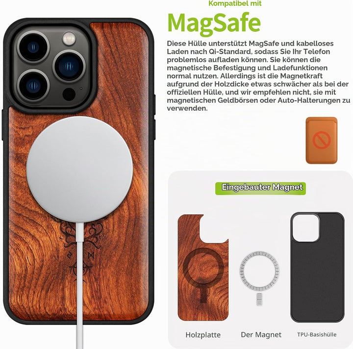 Carveit Holz Cover für iPhone 15 Pro hülle, Kompatibel mit Magsafe Silikon Stossfeste Cover, Magneti