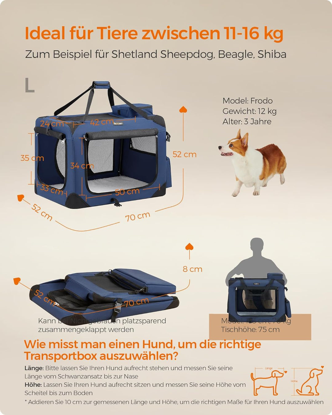 Feandrea Hundebox faltbar, Transportbox Hund, Grösse L, Hundetasche, Oxford-Gewebe, Netzstoff, atmun