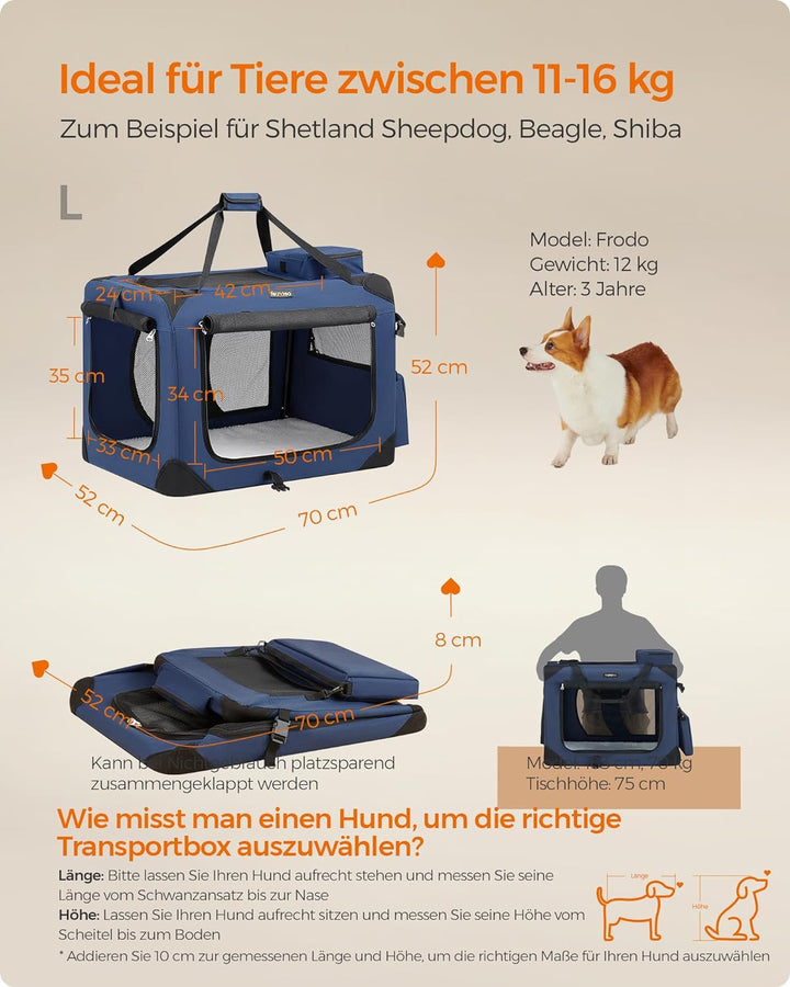 Feandrea Hundebox faltbar, Transportbox Hund, Grösse L, Hundetasche, Oxford-Gewebe, Netzstoff, atmun