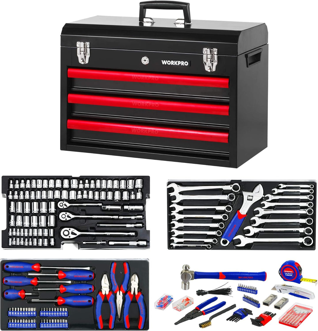 WORKPRO Werkzeugkoffer gross, 408tlg. Werkzeugsatz mit 3 Metall Schubladen, Heavy Duty Werkzeugschra