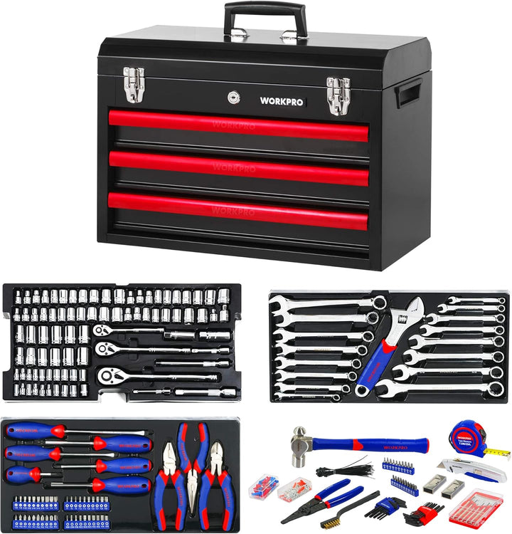 WORKPRO Werkzeugkoffer gross, 408tlg. Werkzeugsatz mit 3 Metall Schubladen, Heavy Duty Werkzeugschra