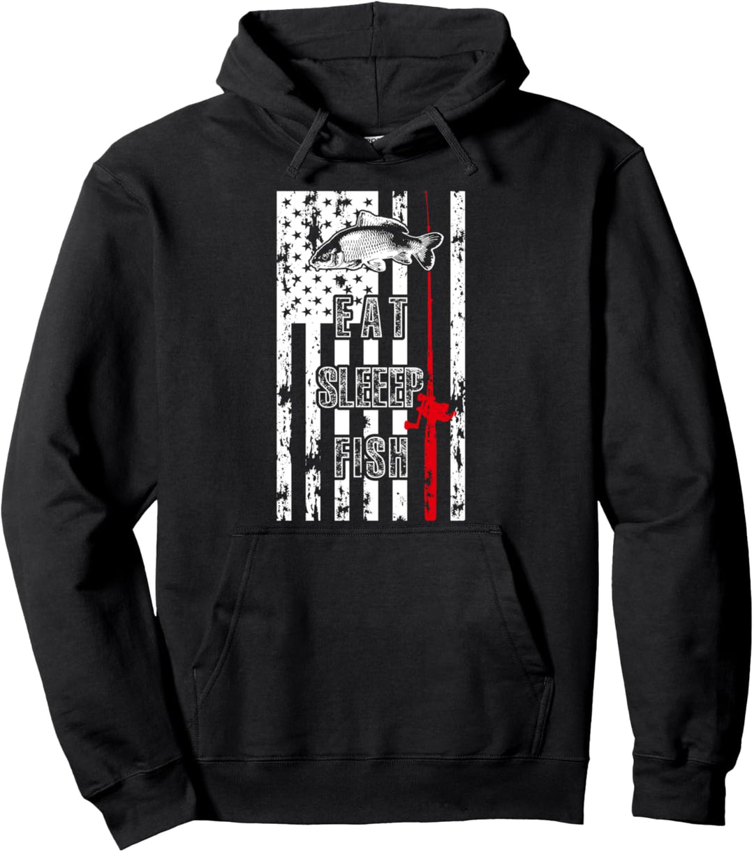 Angeln USA Flagge Eat Sleep Fish Repeat Fun Vintage Fisherman Pullover Hoodie