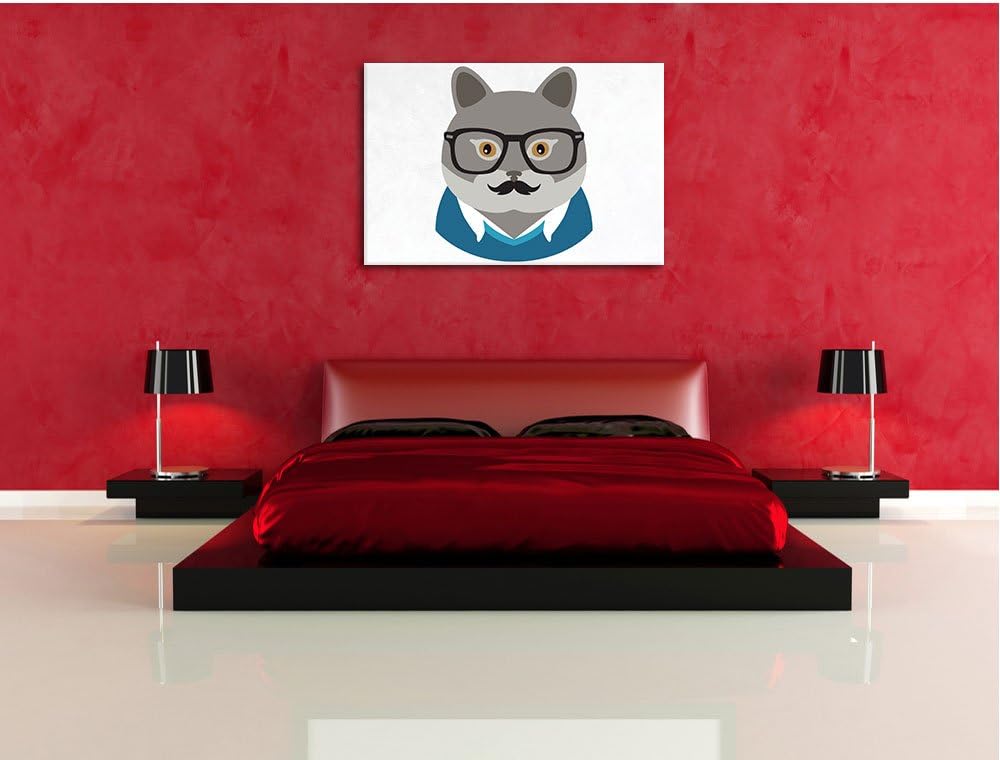Pixxprint Hipster Katze mi Brille und Schnurbart(Chartreux) weiss, Format: 100x70 auf Leinwand, XXL