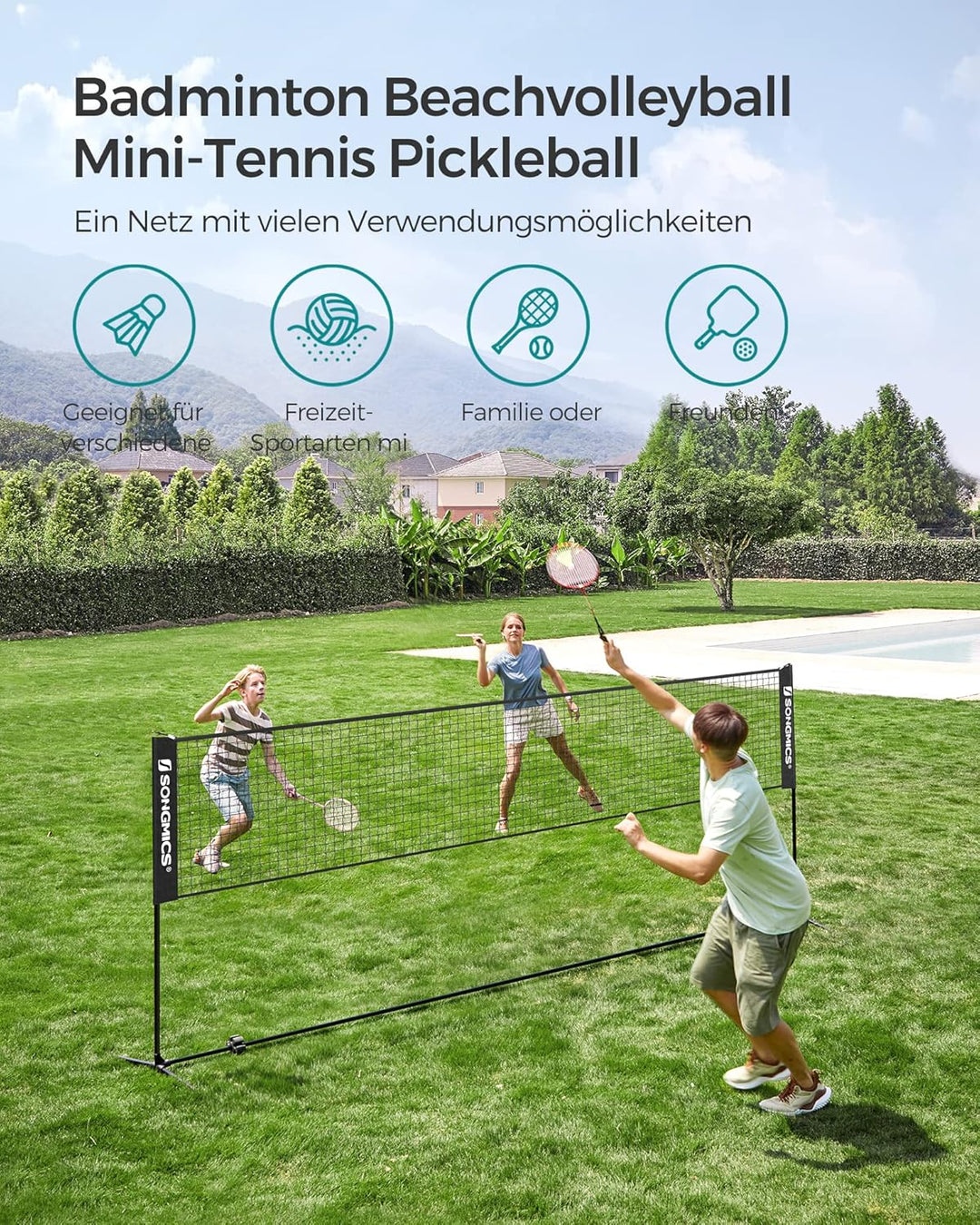 SONGMICS 3 m Badminton-Netz, Volleyballnetz, höhenverstellbare Stangen, tragbares Set für Tennis 4 m